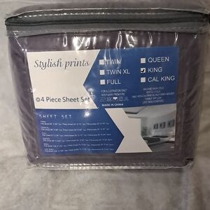 NWT Stylish Prints PURPLE 4 Piece Sheet Set KING SZ